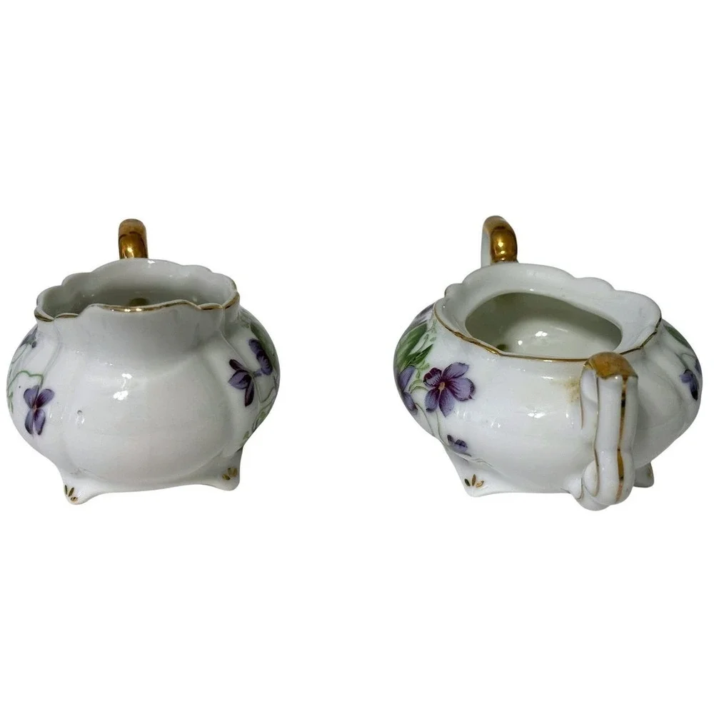 Vintage Porcelain Creamer and Sugar Bowl Set Purple Violets Gold Trim Footed